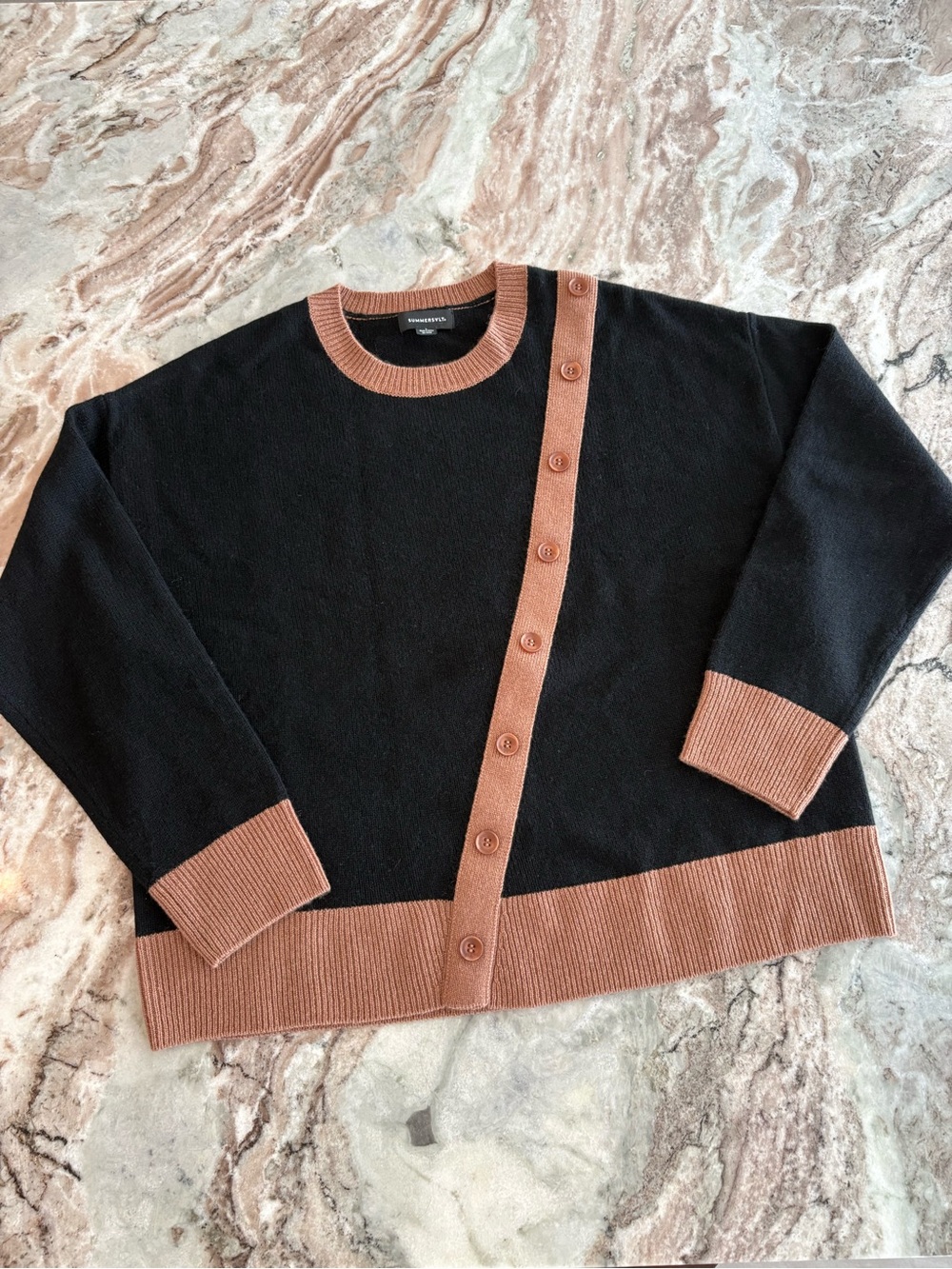 Summersalt Sweater Crewneck Boxy Wool Cashmere Blend Black Tan Buttons Large